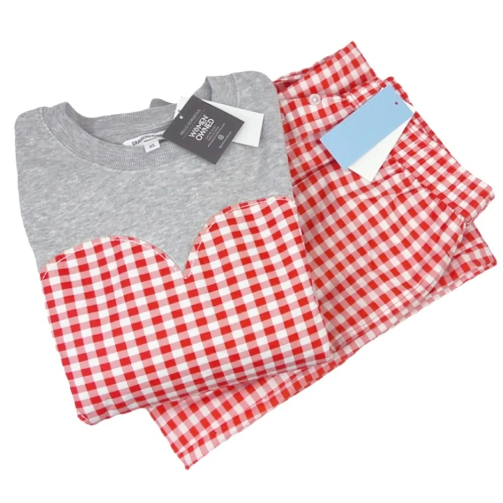 Gingham Heart Graphic Sweatshirt Top & Red Gingham Pants Bottom Pajama Set‎